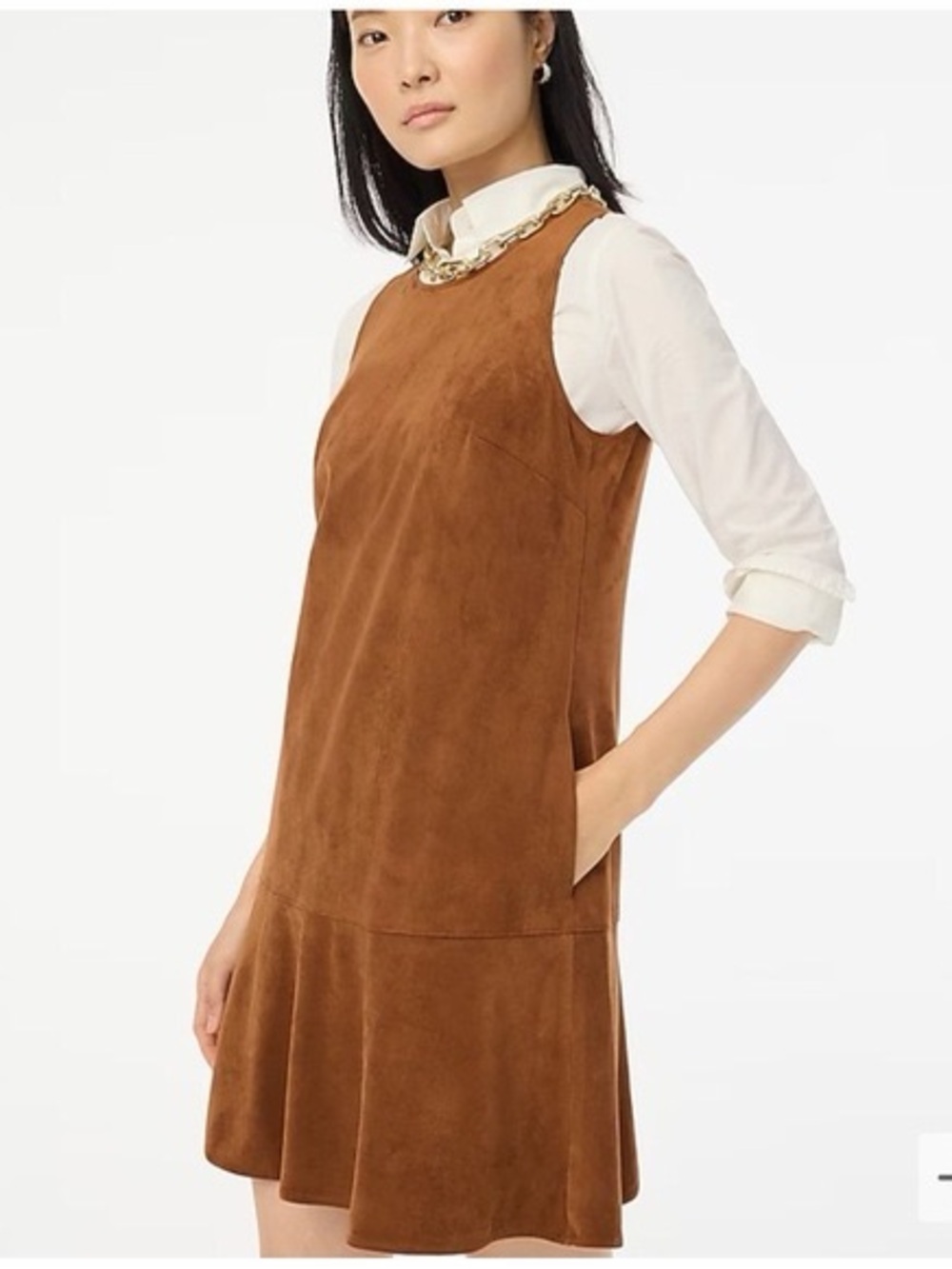 J. Crew Sleeveless Faux Suede A-Line Dress in Cognac Brown Pockets Size 6